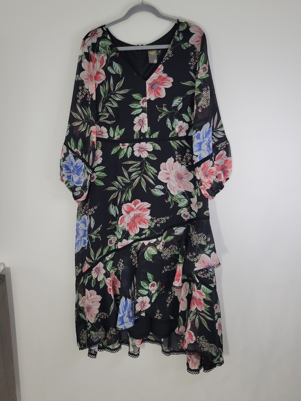 TAYLOR Floral V-Neck Balloon Sleeve Midi Dress - Black with Pink & Blue Flowers.